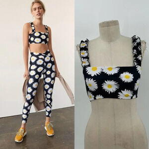 Year of Ours Daisy Floral Print Ruffle Strap Sports Bra Black Size XS‎